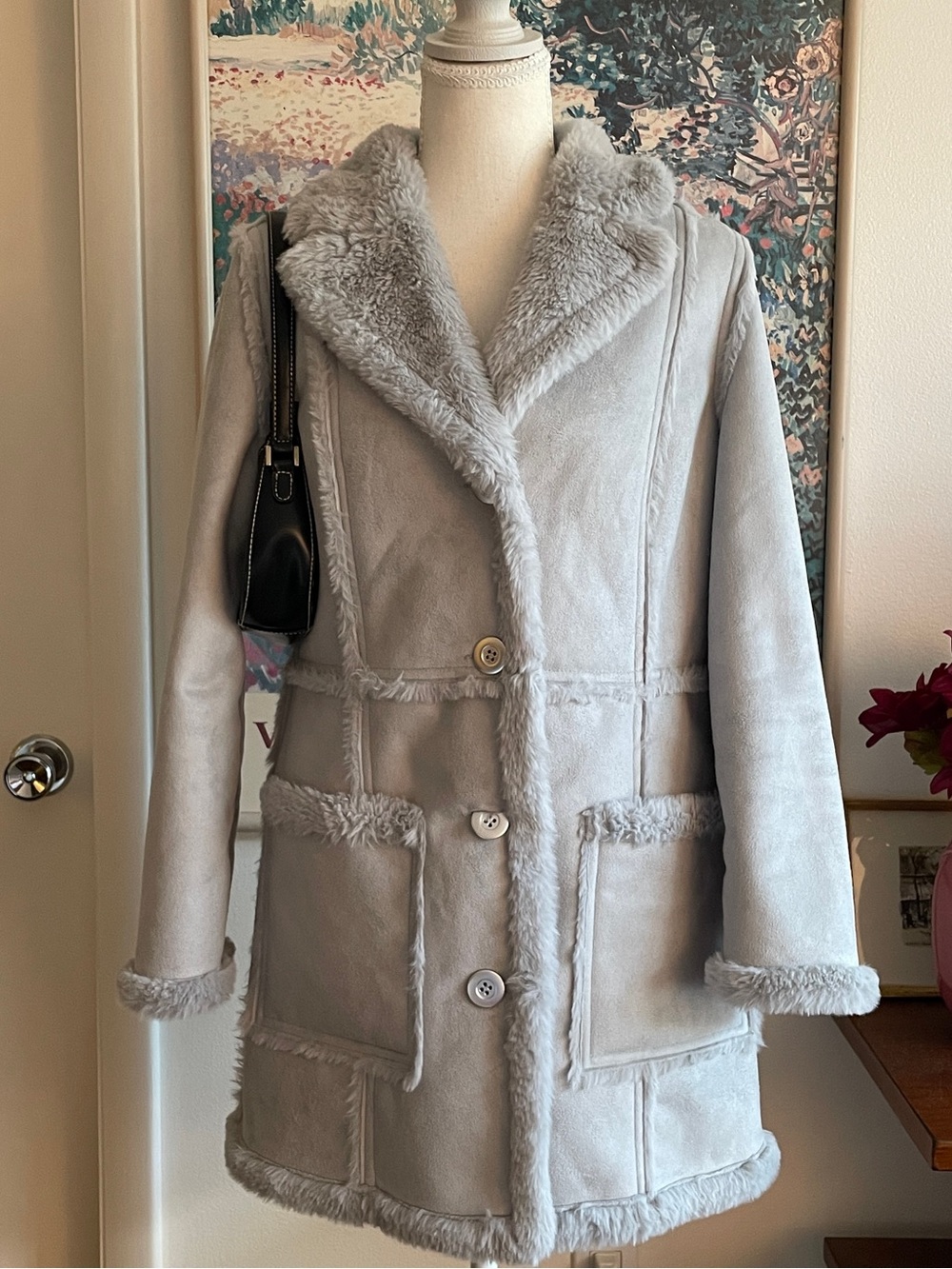 Drapers & Damons Penny Lane Coat Women Medium Gray Faux Shearling Boho Retro Y2K